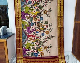 Handloom Pen kalamkari Kancheepuram Silk Saree | Pure Zari Bridal Pattu