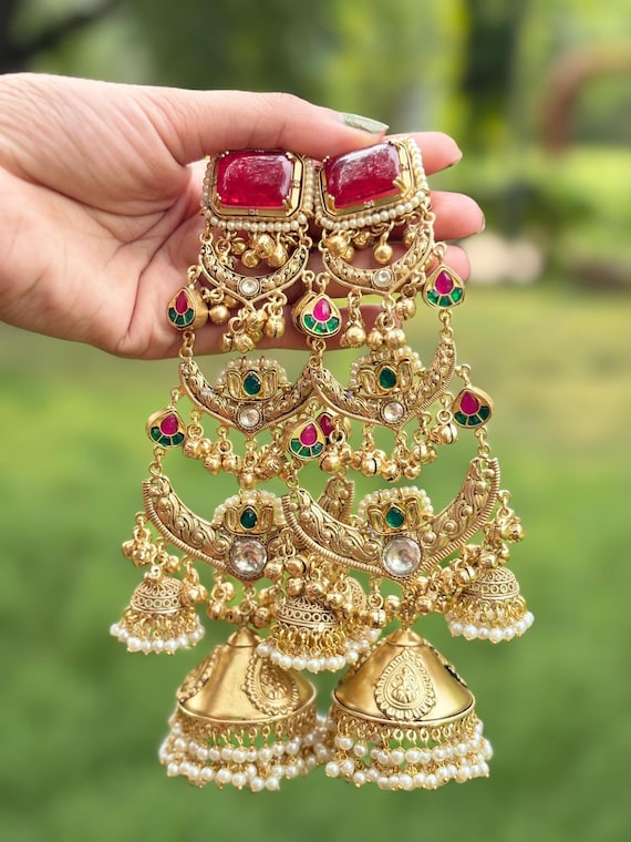 Brass Kashmiri Jhumka Ear Chains | Boho Temple Hair Jewelry | Indian Gold-Tone Earrings | Green Pink Stones | Festival Accessories | Wedding