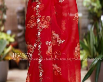 Red Floral Organza Silk Saree, Hand-Embroidered Party Wear Ethnic Sari