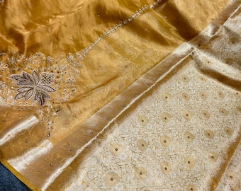 Handloom Tissue Silk Saree, Beaded Embroidery, Banarasi Border