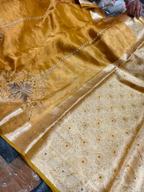 Handloom Tissue Silk Saree, Beaded Embroidery, Banarasi Border