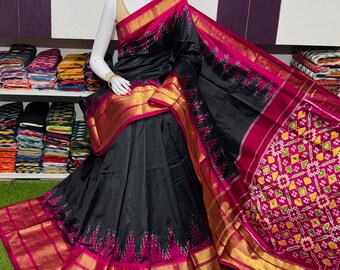 Black & Green Patola Silk Saree | Red Gold Zari Border | Traditional Ikat Wedding Sari
