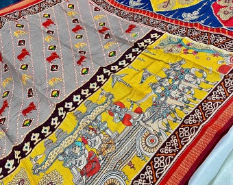 Handloom Pen Kalamkari Tussar Silk Saree, Wedding Block Print, Silk Mark Certified