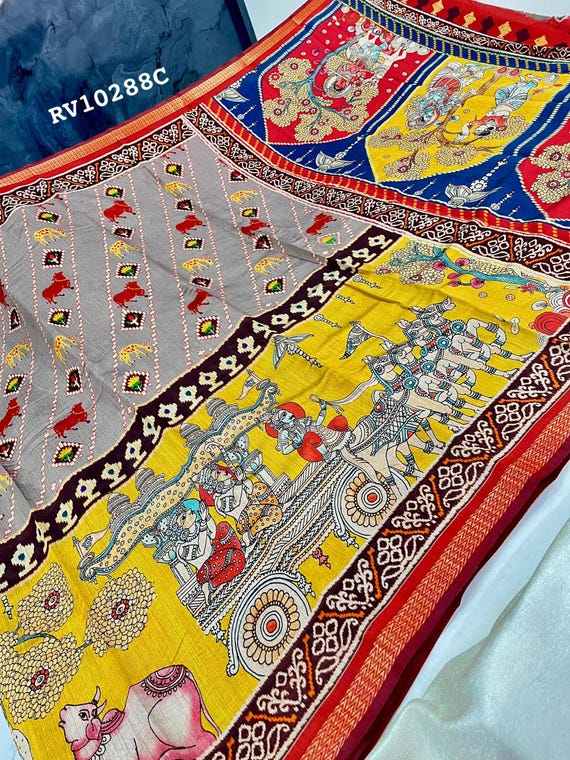 Handloom Pen Kalamkari Tussar Silk Saree, Wedding Block Print, Silk Mark Certified