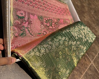 Olive Green Brocade Silk Saree | Pastel Pink Floral Zari Border | Checkered Bridal Wedding Sari