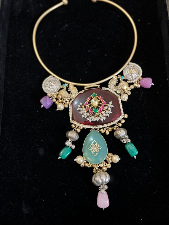 Handmade Kundan Pachi Necklace Set, Multi Color Beaded Artisan Jewelry