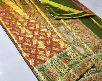 2 Gram orange Gold Kancheepuram Silk Saree: Handloom Zari Bridal Pattu