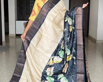 Muga Tussar Silk Saree, Kalamkari Floral Handloom, Wedding Saree