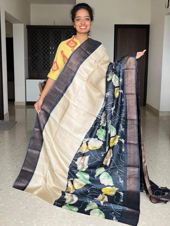 Muga Tussar Silk Saree, Kalamkari Floral Handloom, Wedding Saree