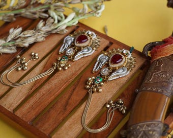 Kundan Jhumka Ear Chains: Indian Gold-Tone Earrings, Green & Pink Stones