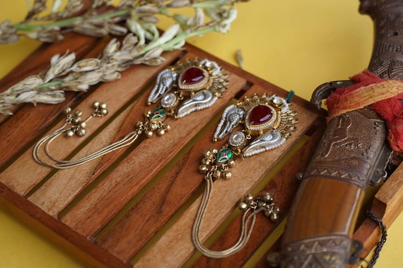 Kundan Jhumka Ear Chains: Indian Gold-Tone Earrings, Green & Pink Stones