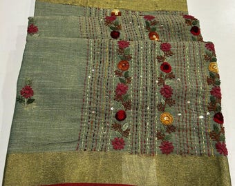 Bengal Linen Tissue Saree | Dusty Shades Bullion Handwork | Heritage Wrap