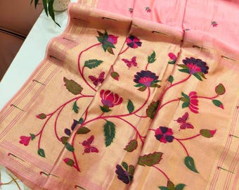 Muga silk Soft Saree | Hand Embroidered Floral Pot Motif | Heritage Wrap