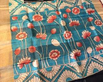 Hand-Painted Tussar Silk Saree: Artisan Certified Handloom Wrap Wedding Gift Sari