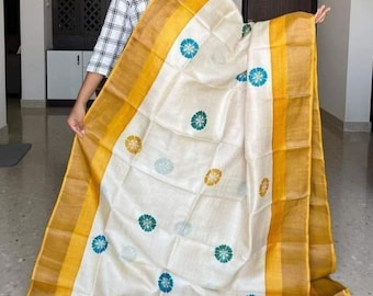 Handloom Muga Tussar Silk Saree, Kalamkari Floral Print, Wedding Saree
