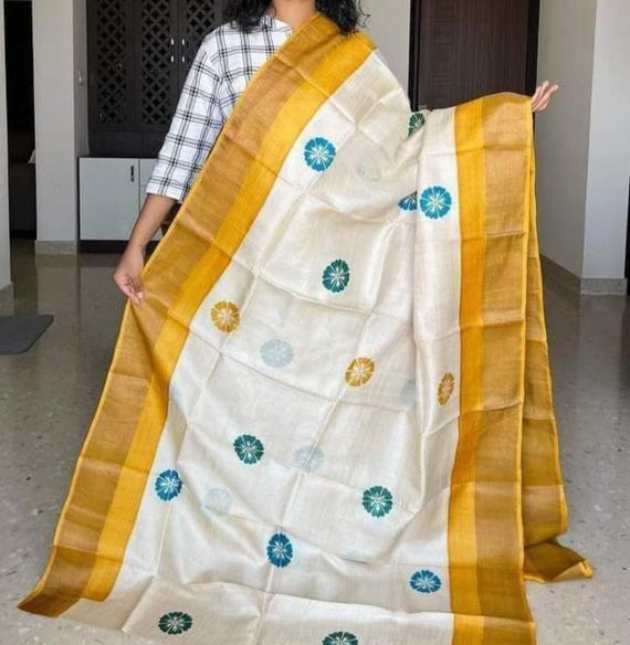 Handloom Muga Tussar Silk Saree, Kalamkari Floral Print, Wedding Saree