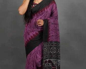 Handloom Sambalpuri Saree, Chanderi Silk Blouse, Kalamkari Floral Print