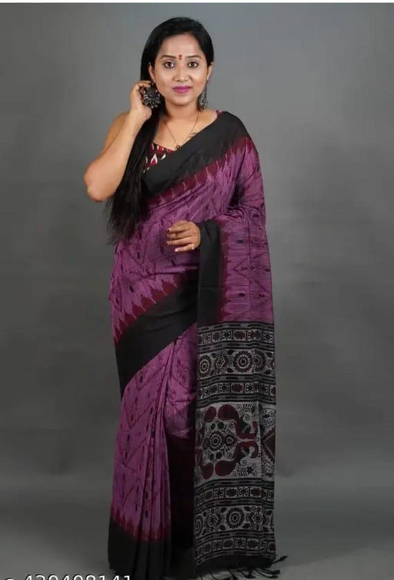 Handloom Sambalpuri Saree, Chanderi Silk Blouse, Kalamkari Floral Print