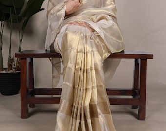 Handloom Tissue Silk Saree, Resham Varanasi Weaving, Banarasi Border