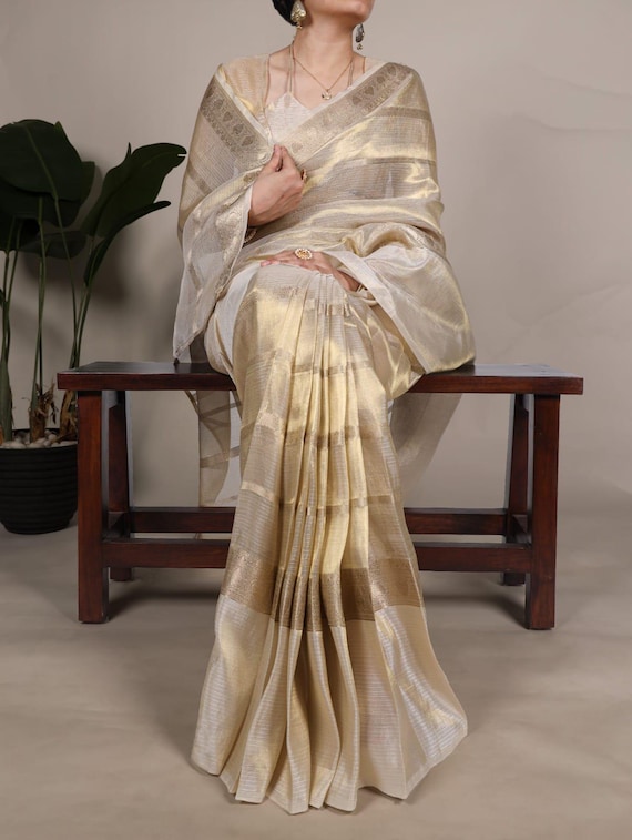 Handloom Tissue Silk Saree, Resham Varanasi Weaving, Banarasi Border