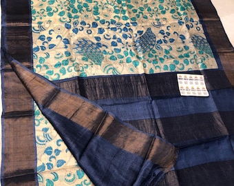 Muga Tussar Silk Saree: Handloom Kalamkari Floral Print Wedding Saree