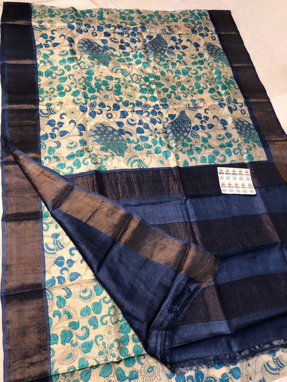 Muga Tussar Silk Saree: Handloom Kalamkari Floral Print Wedding Saree