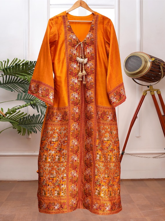Burnt Orange Handloom Woven Maxi Dress | Artisan Indian Long Kurti | Heritage Boho Ethnic Wear