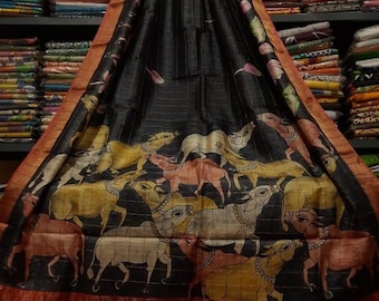 Hand-Painted Pure Tussar Silk Saree: Artisan Floral Masterpiece with Pure Zari Border