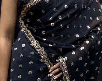 Black Silk Saree | Red & Yellow Embroidered Pallu | Gold Butti Cocktail Sari