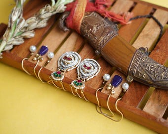 Kundan Jhumka Ear Chains: Indian Gold-Tone Earrings, Green & Pink Stones