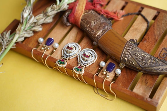 Kundan Jhumka Ear Chains: Indian Gold-Tone Earrings, Green & Pink Stones