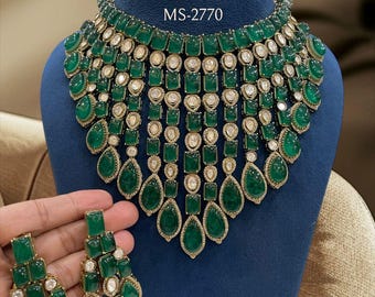 Handmade Kundan Bridal Jewelry Set, Green Rhinestones, Indian Artisan