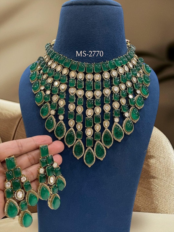 Handmade Kundan Bridal Jewelry Set, Green Rhinestones, Indian Artisan