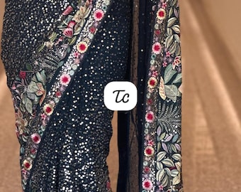 Midnight Blue Sequin Saree | Heavy Floral Embroidered Border | Cocktail Party Sari