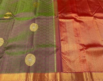 Pure Kanchipuram Silk Saree | Antique Gold Zari Floral Brocade, Bridal Kanjeevaram Sari