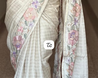 Cream Textured Silk Saree | Pastel Floral Embroidered Border | Summer Wedding Sari