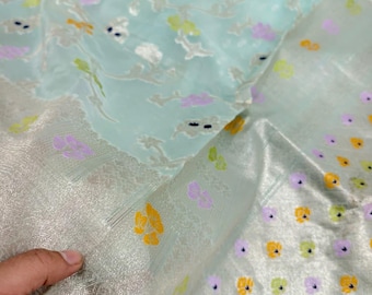 Ethereal Handwoven Banarasi Organza Silk Saree, Multicolored Minakari Silver Zari Festive Sari Masterpiece