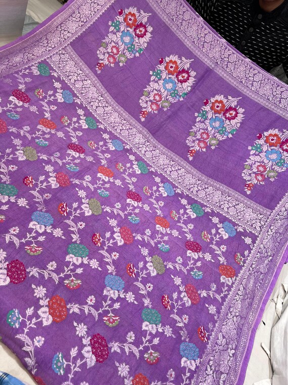 Handloom Khaddi Tussar Georgette Banarasi Saree, Floral Print