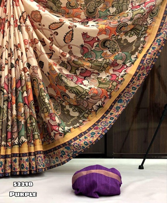 Muga Tussar Silk Saree, Kalamkari Flower Handloom, Wedding Saree