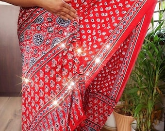 Modal Silk Ajrakh Hand Block Print Saree with Mirror Work, Indian Wedding Party Wear