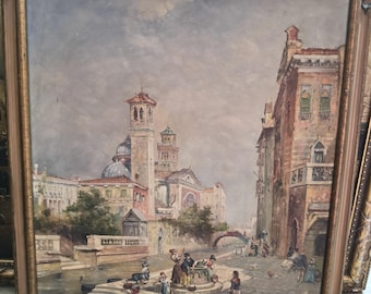 Vintage Venetian Canal Oil Painting | Framed Original European Landscape Canvas | Signed Antique Art (1890-1900)
