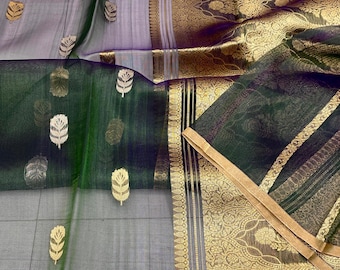 Pure Kora Organza Saree | Ombre Grey Green, Gold Zari Leaf Motif, Party Wear Sari
