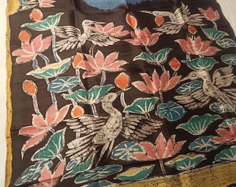 Hand-Painted Pure Tussar Silk Saree: Artisan Floral Masterpiece with Pure Zari Border