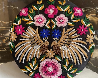 Round Black Peacock Embroidered Clutch | Boho Floral Festival Bag | Maximalist Artisan Purse