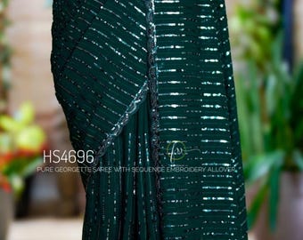 Emerald Green Georgette Saree | Allover Sequin Embroidery | Cocktail Party Sari