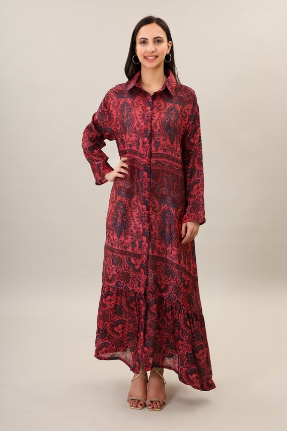 Printed Silk Maxi Dress, Bohemian Psychedelic Flare Dress