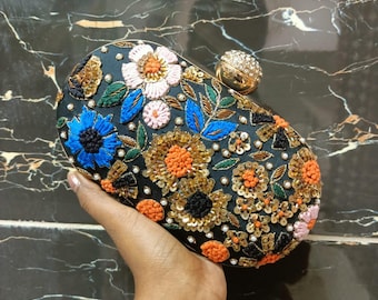 Black Bohemian Embroidered Floral Clutch | Maximalist Festival Bag | Artisan Hard Case Purse