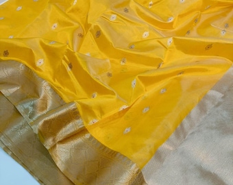 Pure Handloom Chanderi Silk Saree | Yellow Nakshi Zari Border, Haldi Sari