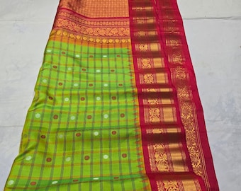 Pure Gadwal Handloom Silk Saree | Parrot Green, Red Zari Border, Butta Weave