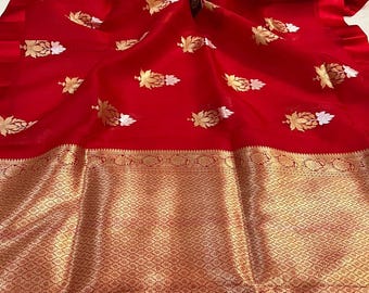 Banarasi Zari Silk Saree, Handloom Kalamkari Floral Print, Wedding Sari